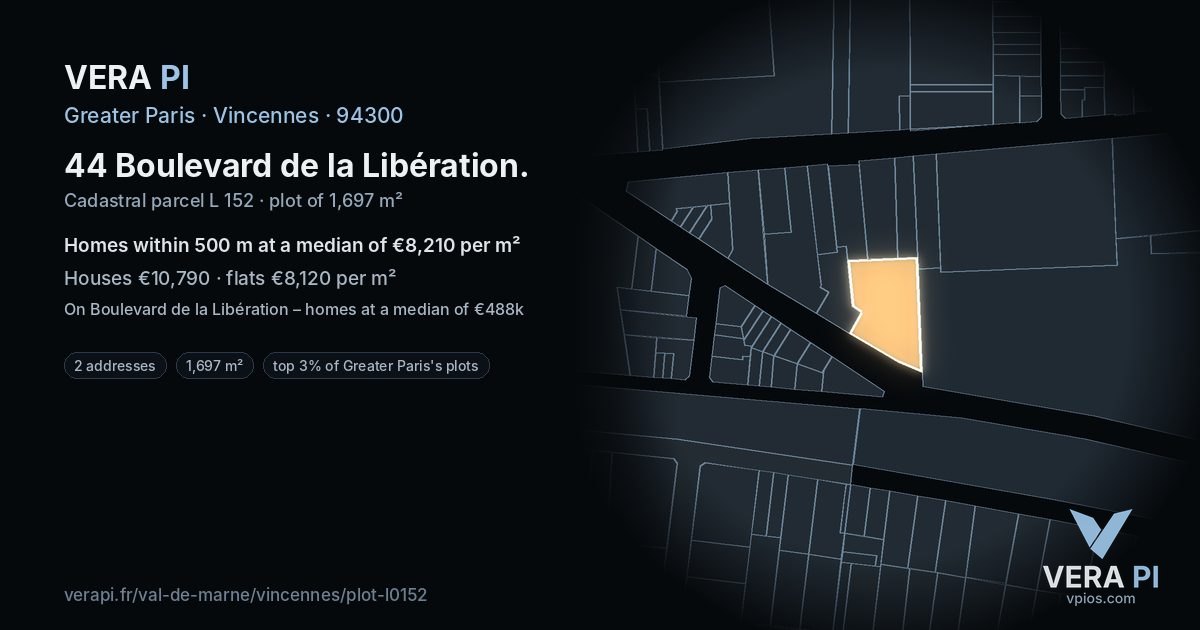 44 Boulevard de la Libération, Vincennes at night – the plot lit, the parcels around coloured by the prices near them