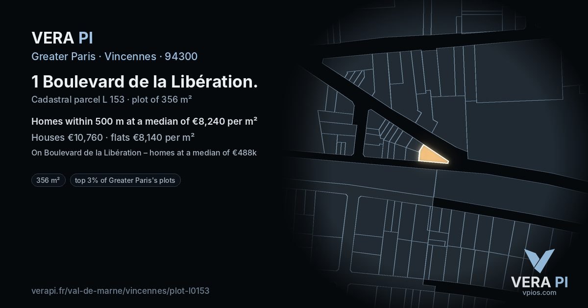 1 Boulevard de la Libération, Vincennes at night – the plot lit, the parcels around coloured by the prices near them