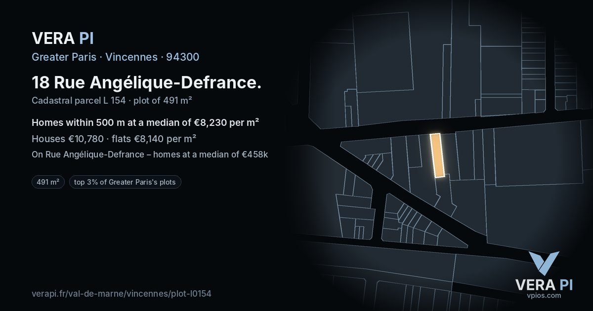 18 Rue Angélique-Defrance, Vincennes at night – the plot lit, the parcels around coloured by the prices near them