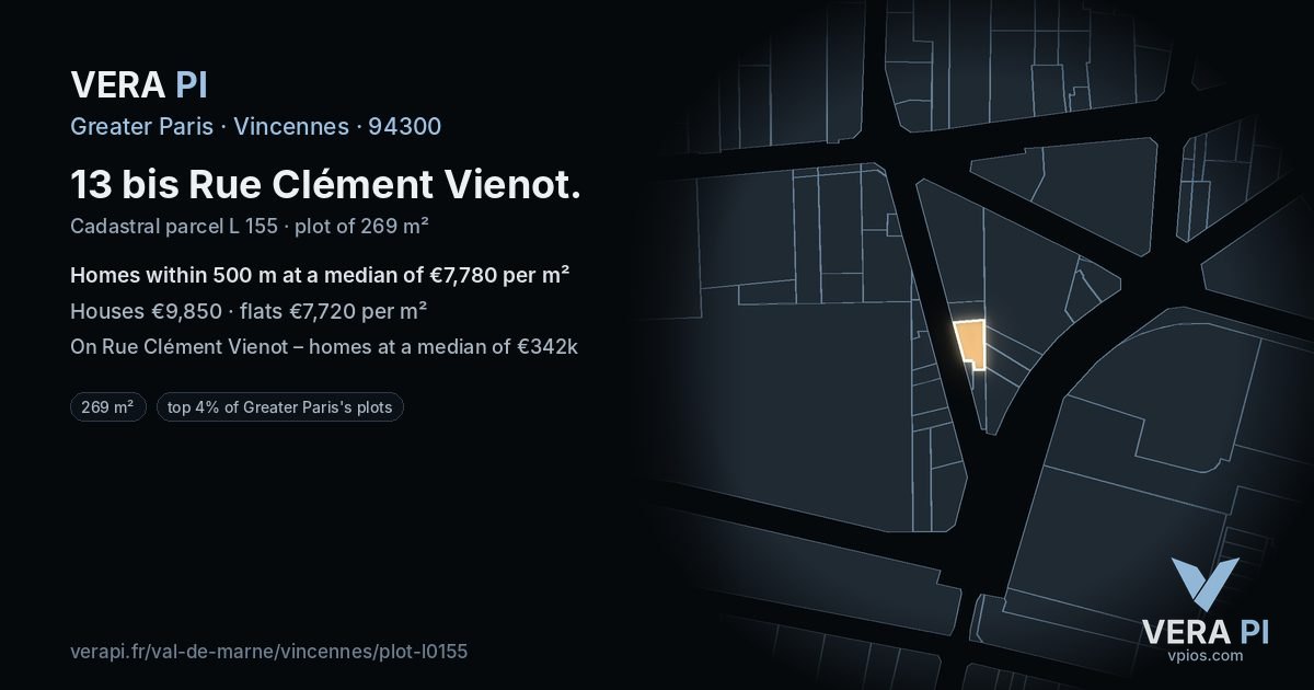 13 bis Rue Clément Vienot, Vincennes at night – the plot lit, the parcels around coloured by the prices near them