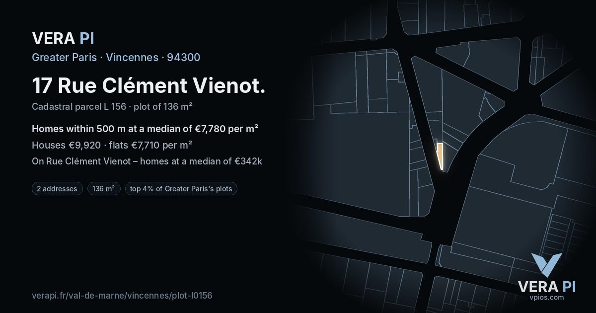 17 Rue Clément Vienot, Vincennes at night – the plot lit, the parcels around coloured by the prices near them