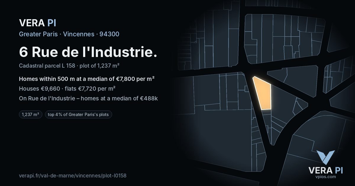 6 Rue de l'Industrie, Vincennes at night – the plot lit, the parcels around coloured by the prices near them