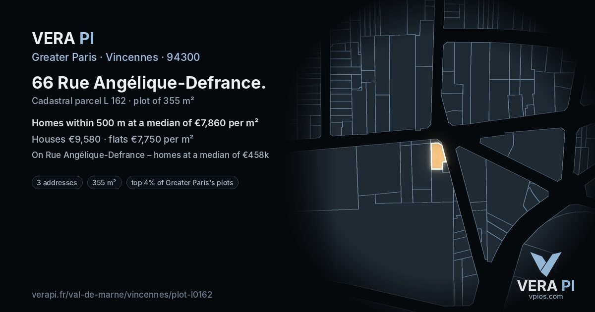 66 Rue Angélique-Defrance, Vincennes at night – the plot lit, the parcels around coloured by the prices near them