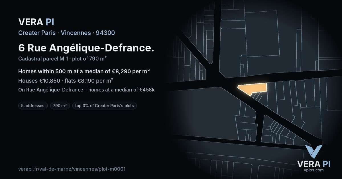 6 Rue Angélique-Defrance, Vincennes at night – the plot lit, the parcels around coloured by the prices near them