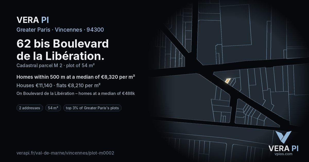 62 bis Boulevard de la Libération, Vincennes at night – the plot lit, the parcels around coloured by the prices near them