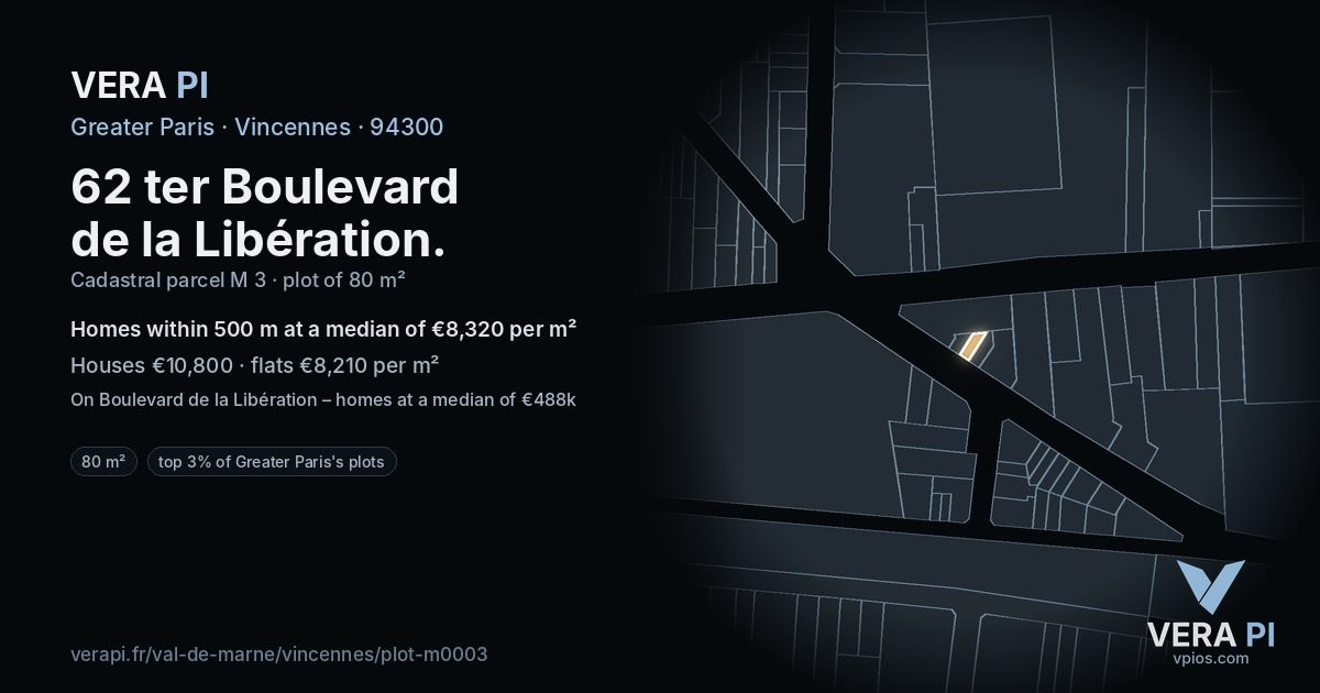 62 ter Boulevard de la Libération, Vincennes at night – the plot lit, the parcels around coloured by the prices near them