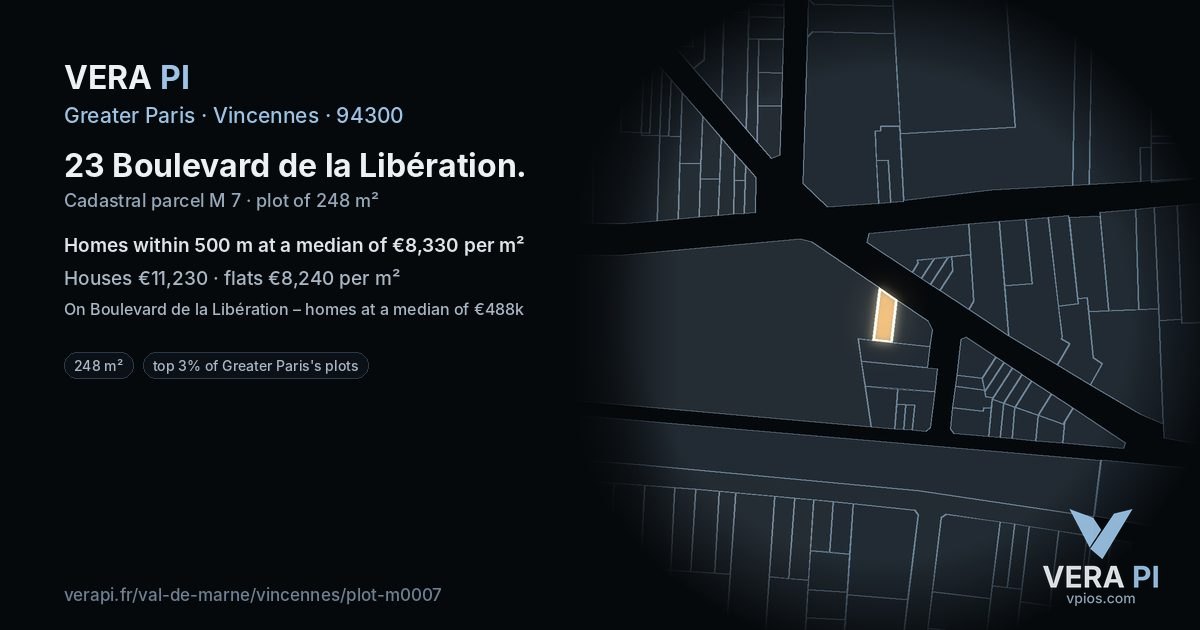 23 Boulevard de la Libération, Vincennes at night – the plot lit, the parcels around coloured by the prices near them