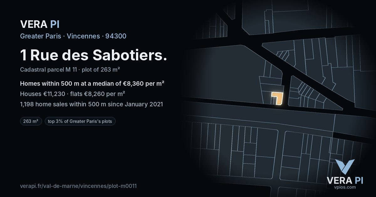 1 Rue des Sabotiers, Vincennes at night – the plot lit, the parcels around coloured by the prices near them