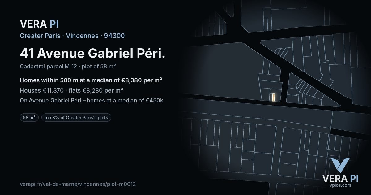 41 Avenue Gabriel Péri, Vincennes at night – the plot lit, the parcels around coloured by the prices near them