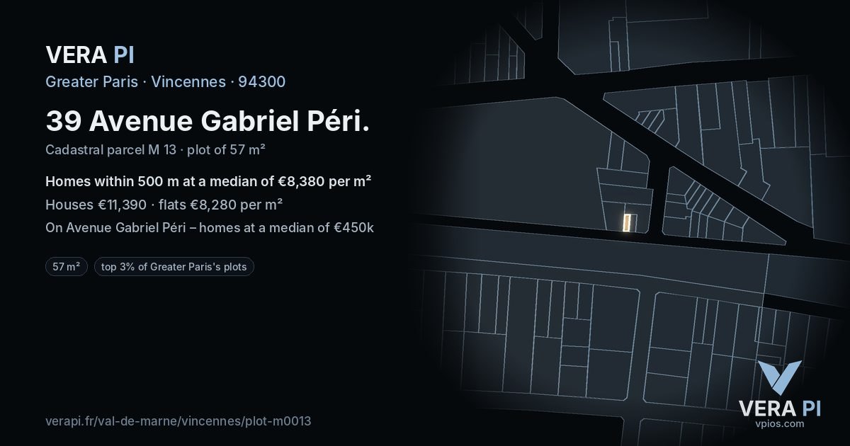 39 Avenue Gabriel Péri, Vincennes at night – the plot lit, the parcels around coloured by the prices near them