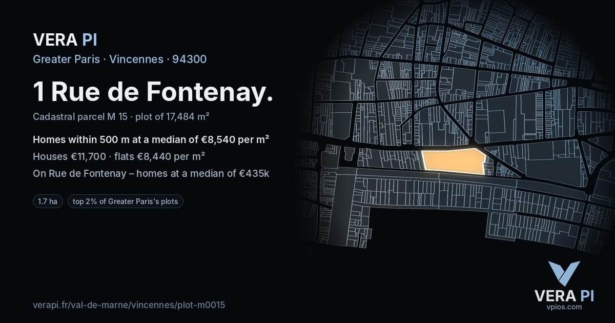 1 Rue de Fontenay, Vincennes at night – the plot lit, the parcels around coloured by the prices near them