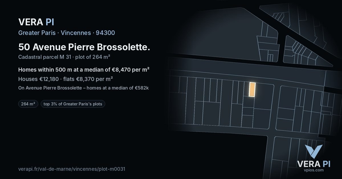 50 Avenue Pierre Brossolette, Vincennes at night – the plot lit, the parcels around coloured by the prices near them