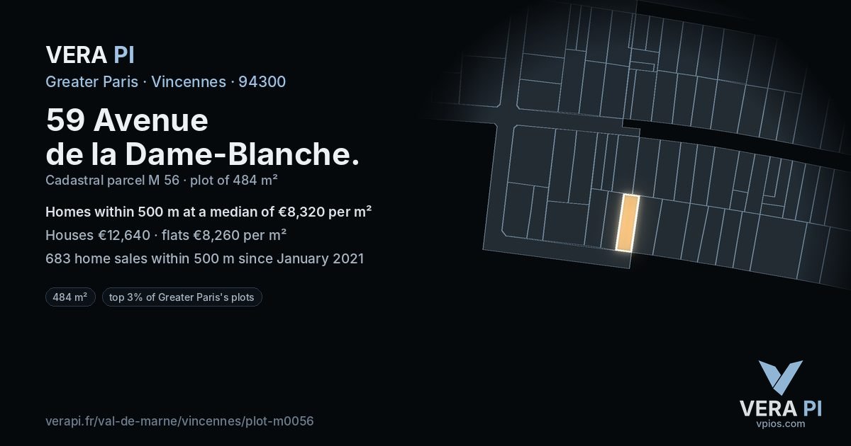 59 Avenue de la Dame-Blanche, Vincennes at night – the plot lit, the parcels around coloured by the prices near them