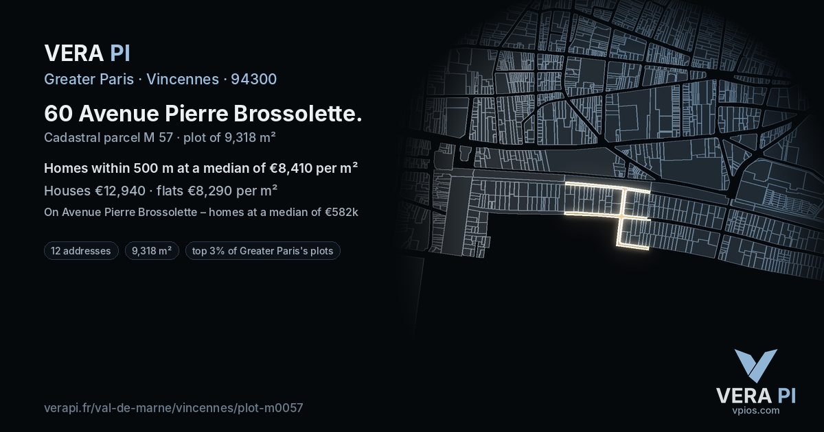 60 Avenue Pierre Brossolette, Vincennes at night – the plot lit, the parcels around coloured by the prices near them