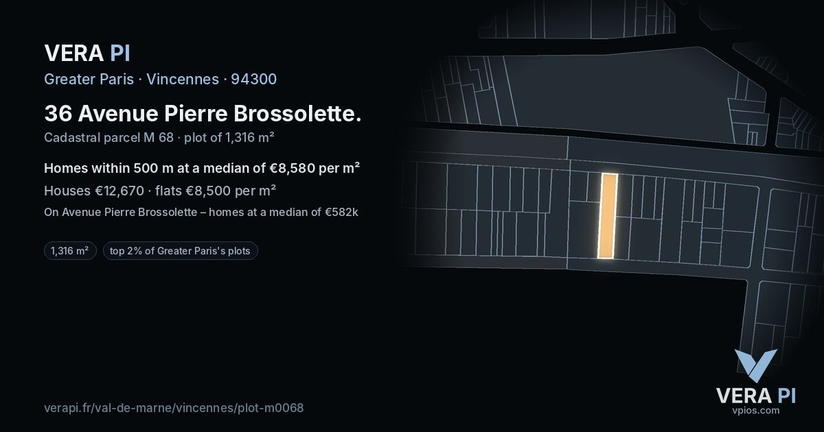 36 Avenue Pierre Brossolette, Vincennes at night – the plot lit, the parcels around coloured by the prices near them