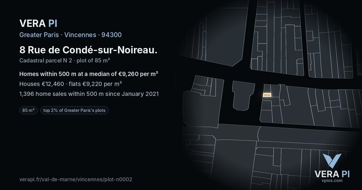 8 Rue de Condé-sur-Noireau, Vincennes at night – the plot lit, the parcels around coloured by the prices near them
