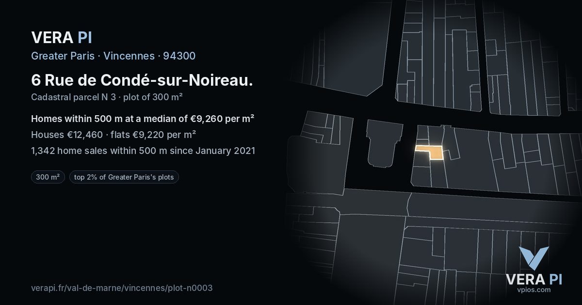 6 Rue de Condé-sur-Noireau, Vincennes at night – the plot lit, the parcels around coloured by the prices near them
