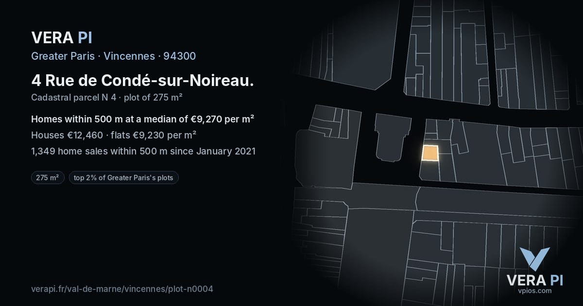 4 Rue de Condé-sur-Noireau, Vincennes at night – the plot lit, the parcels around coloured by the prices near them