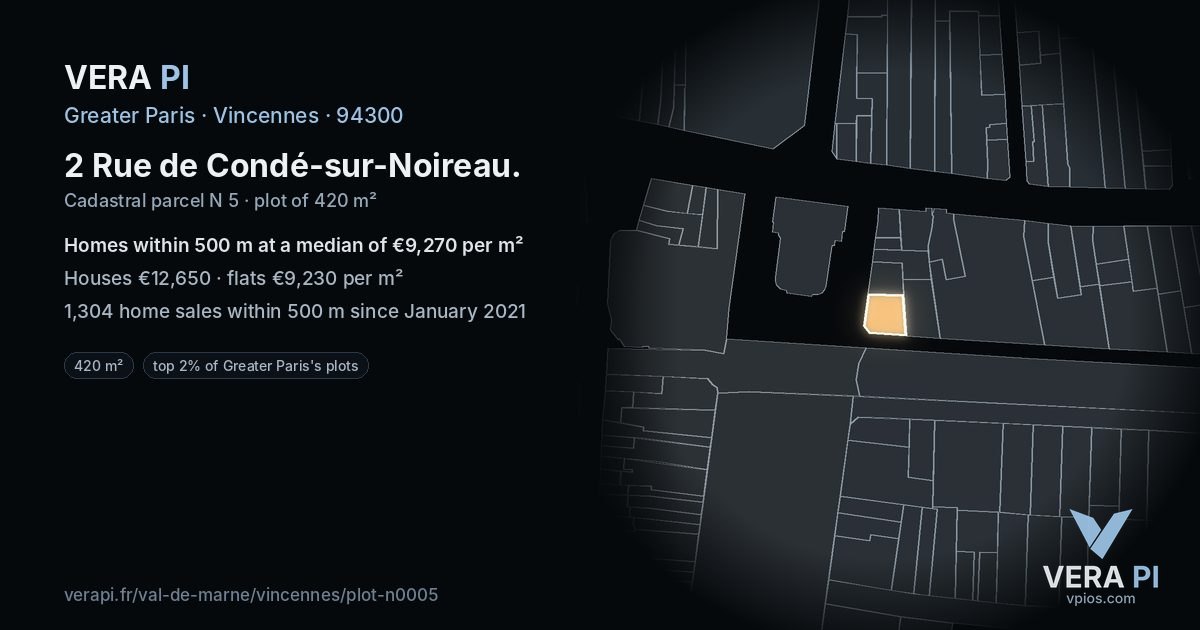 2 Rue de Condé-sur-Noireau, Vincennes at night – the plot lit, the parcels around coloured by the prices near them