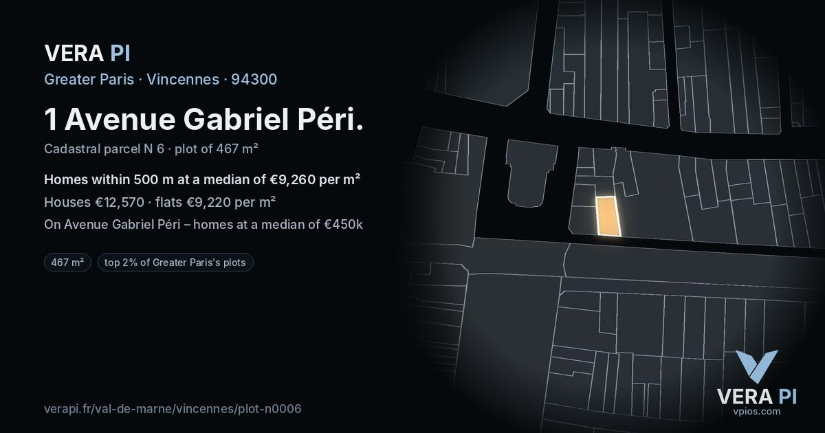 1 Avenue Gabriel Péri, Vincennes at night – the plot lit, the parcels around coloured by the prices near them