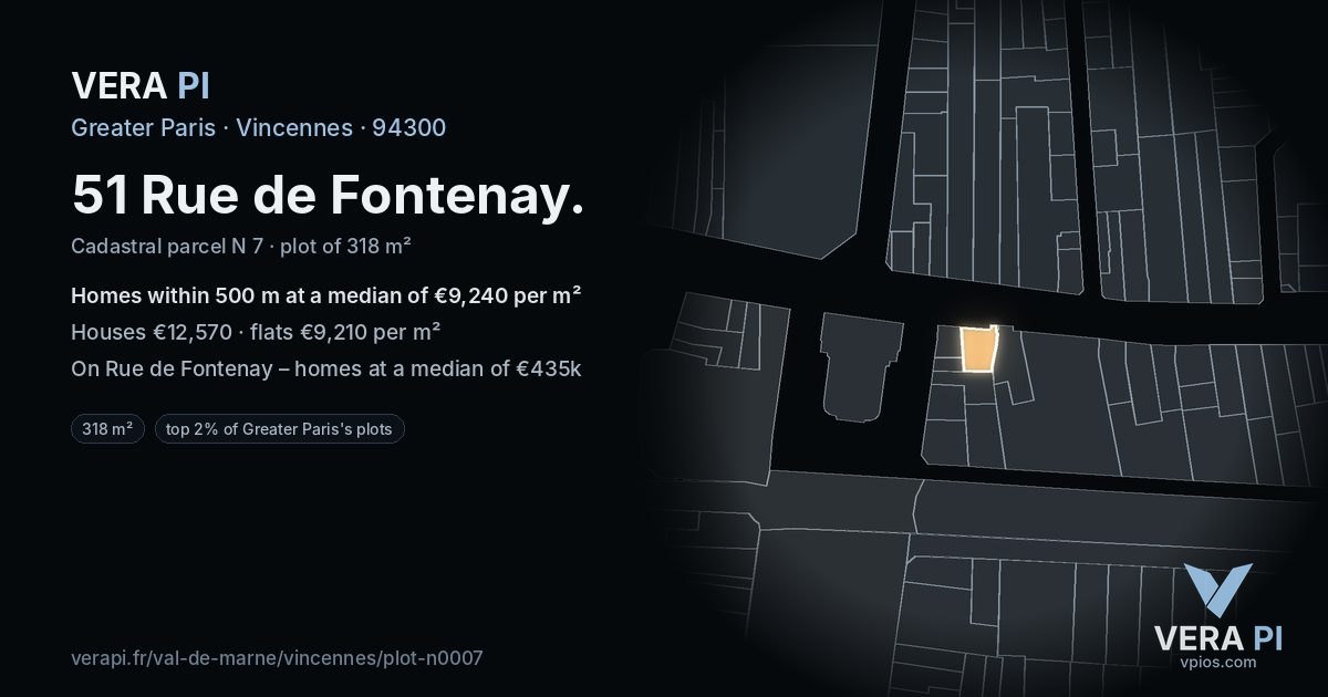 51 Rue de Fontenay, Vincennes at night – the plot lit, the parcels around coloured by the prices near them