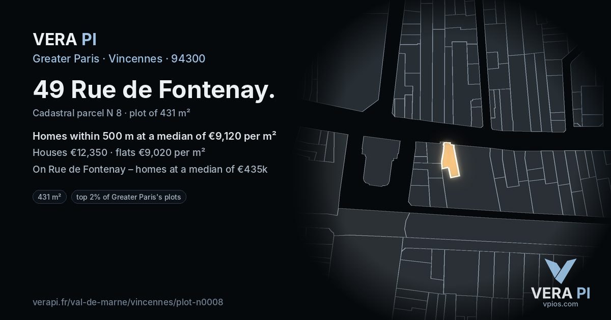 49 Rue de Fontenay, Vincennes at night – the plot lit, the parcels around coloured by the prices near them