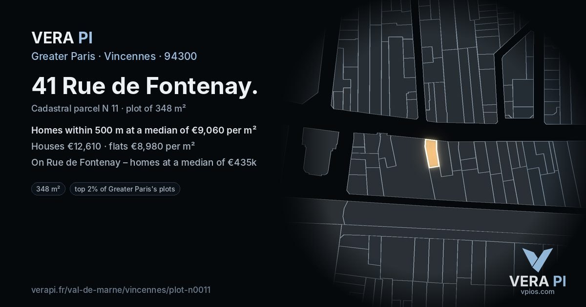 41 Rue de Fontenay, Vincennes at night – the plot lit, the parcels around coloured by the prices near them