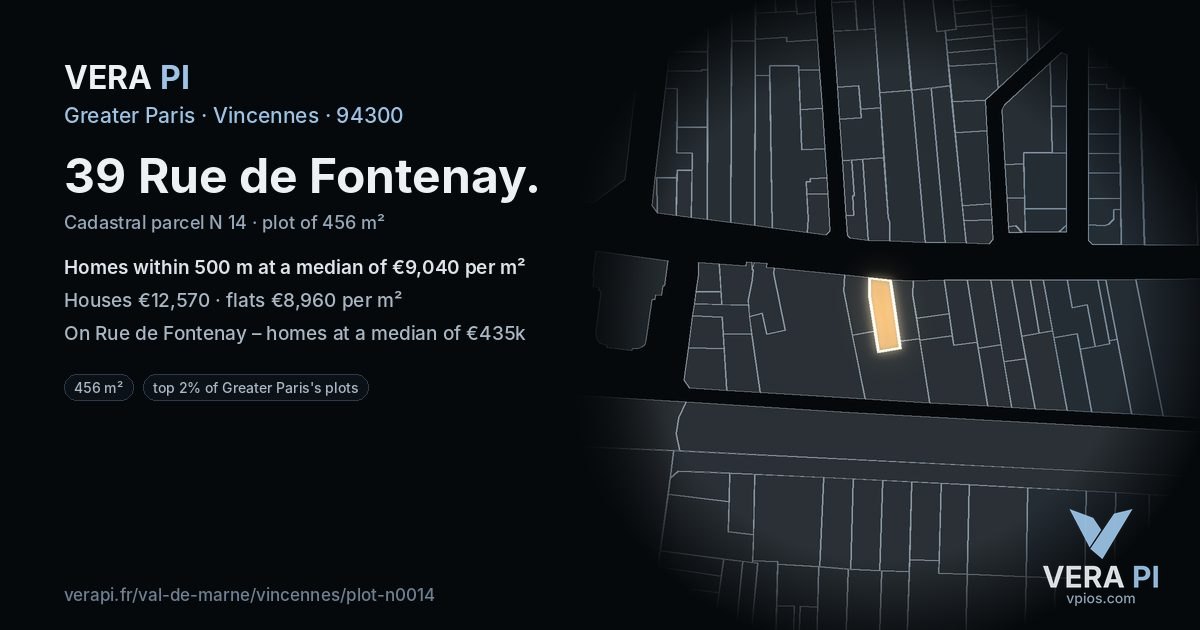 39 Rue de Fontenay, Vincennes at night – the plot lit, the parcels around coloured by the prices near them