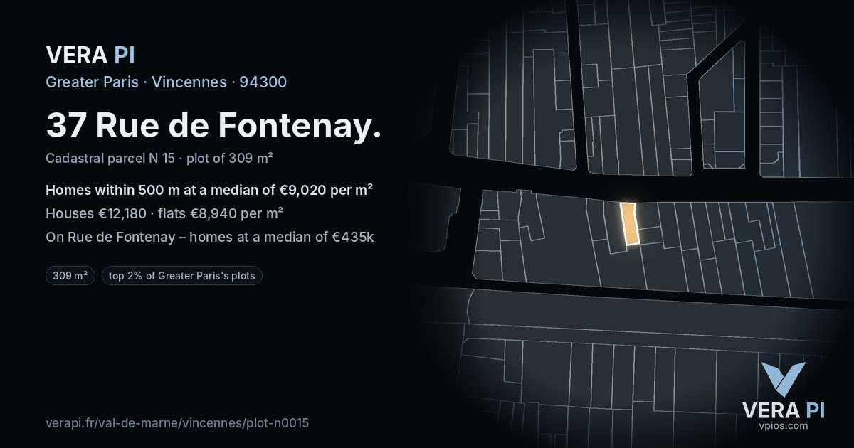 37 Rue de Fontenay, Vincennes at night – the plot lit, the parcels around coloured by the prices near them