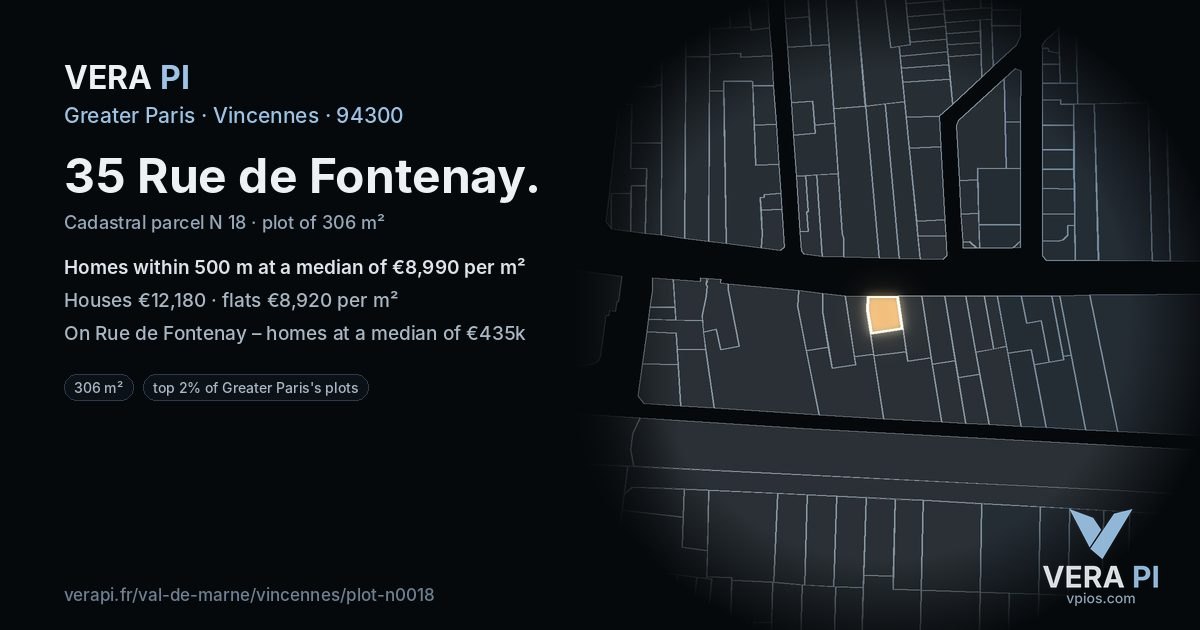 35 Rue de Fontenay, Vincennes at night – the plot lit, the parcels around coloured by the prices near them