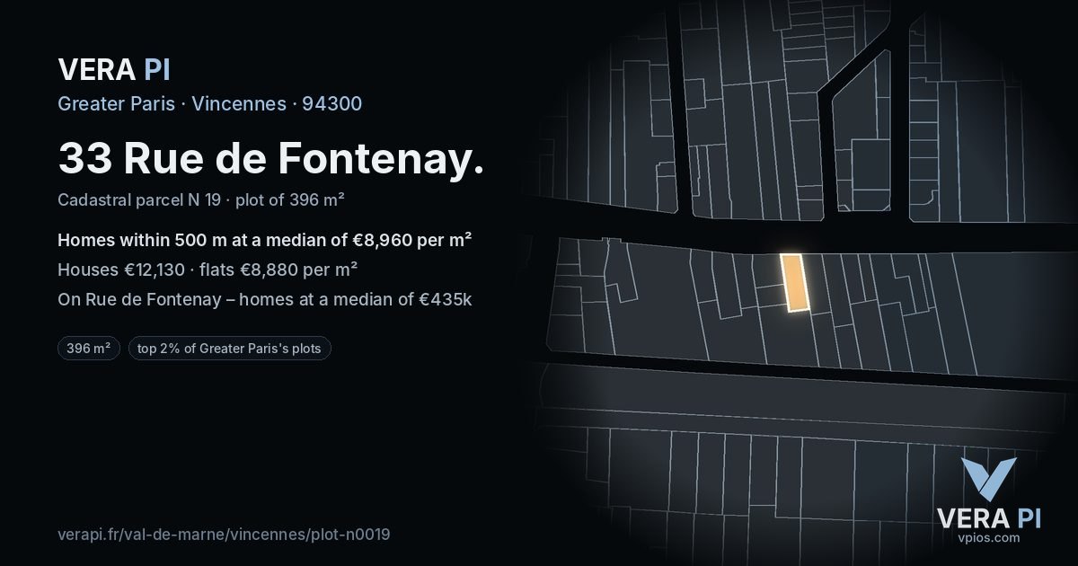 33 Rue de Fontenay, Vincennes at night – the plot lit, the parcels around coloured by the prices near them