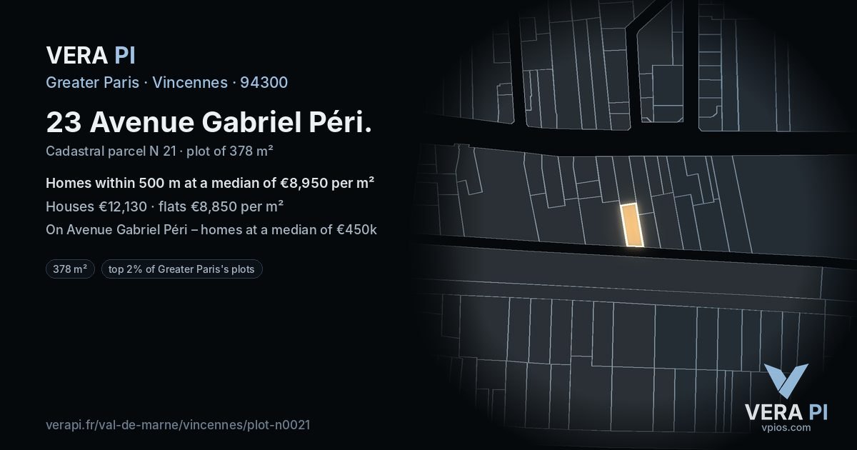 23 Avenue Gabriel Péri, Vincennes at night – the plot lit, the parcels around coloured by the prices near them