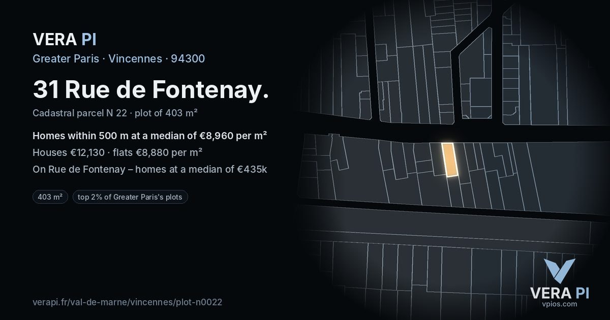 31 Rue de Fontenay, Vincennes at night – the plot lit, the parcels around coloured by the prices near them