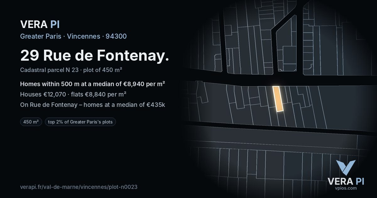 29 Rue de Fontenay, Vincennes at night – the plot lit, the parcels around coloured by the prices near them