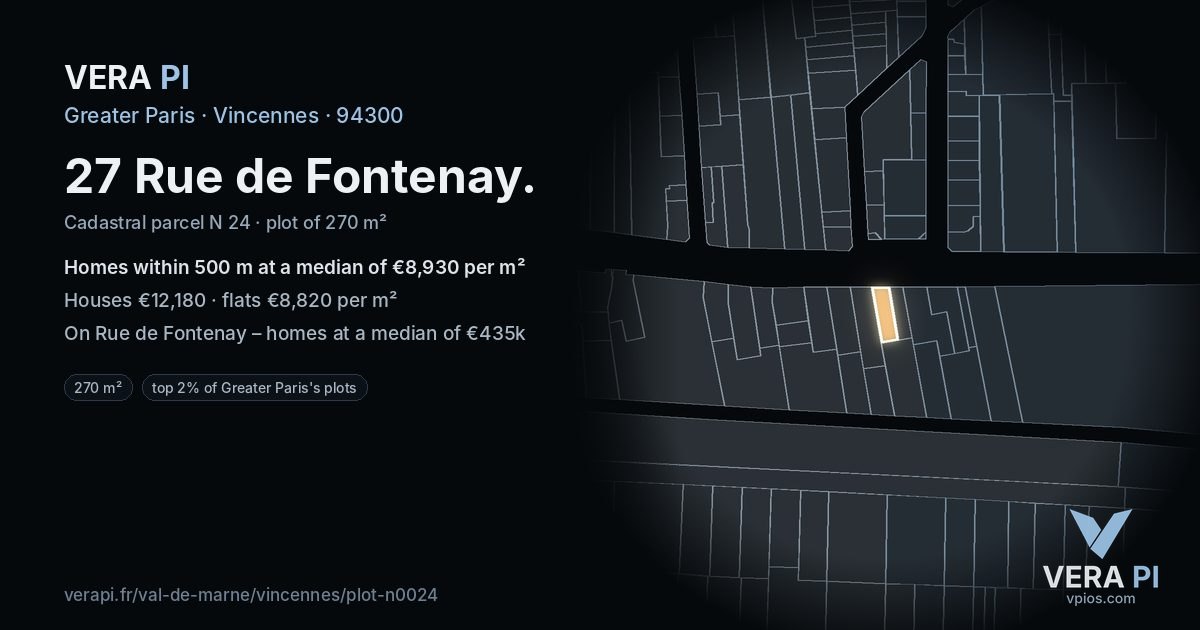 27 Rue de Fontenay, Vincennes at night – the plot lit, the parcels around coloured by the prices near them