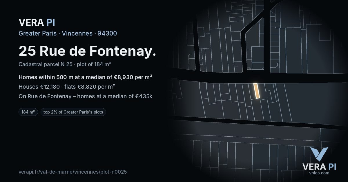 25 Rue de Fontenay, Vincennes at night – the plot lit, the parcels around coloured by the prices near them