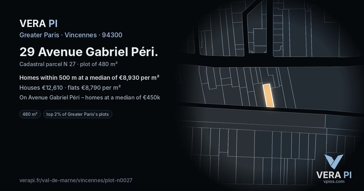 29 Avenue Gabriel Péri, Vincennes at night – the plot lit, the parcels around coloured by the prices near them