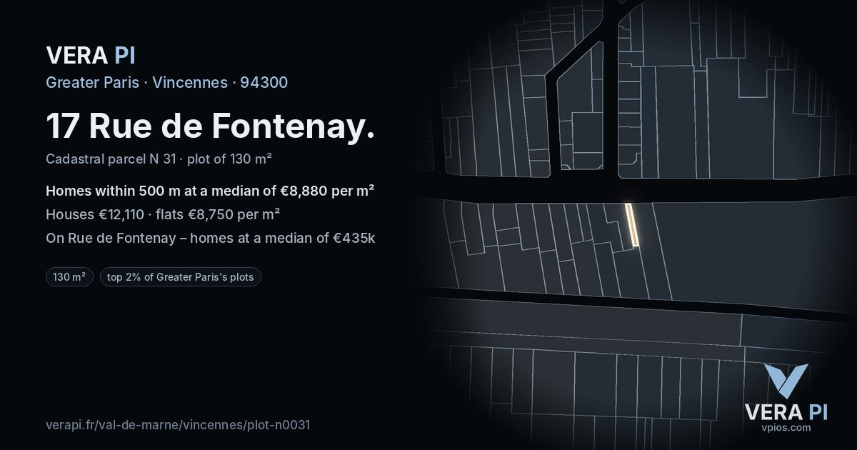 17 Rue de Fontenay, Vincennes at night – the plot lit, the parcels around coloured by the prices near them