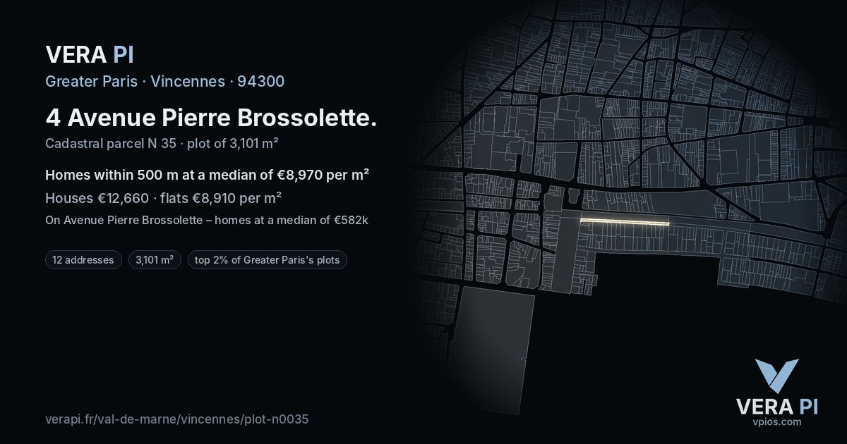 4 Avenue Pierre Brossolette, Vincennes at night – the plot lit, the parcels around coloured by the prices near them