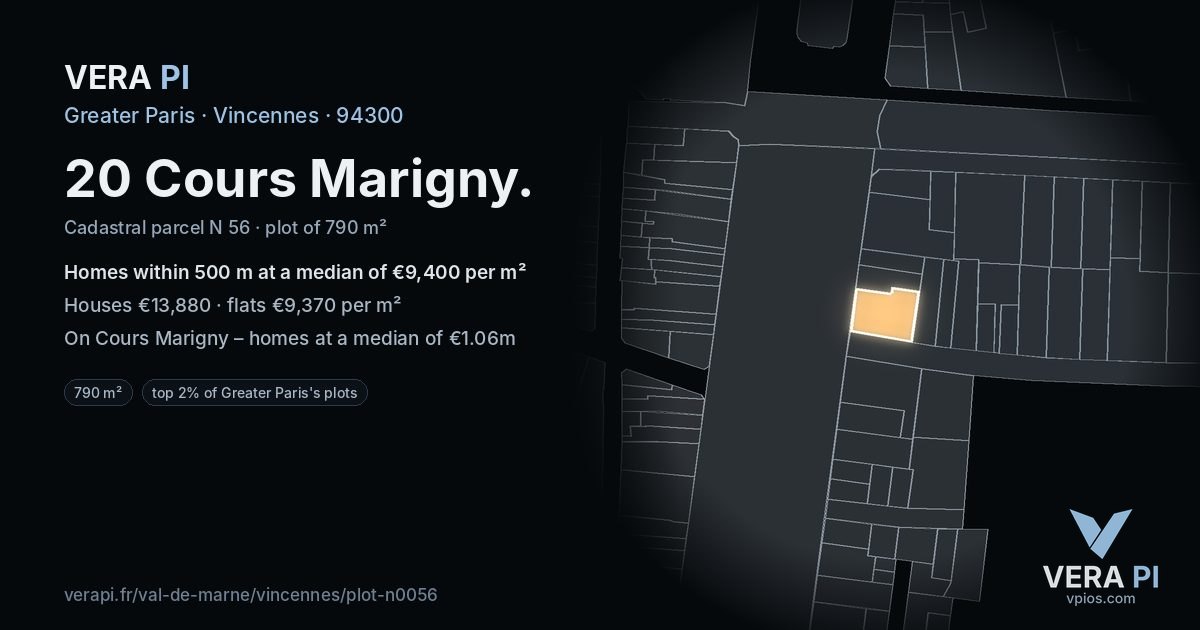 20 Cours Marigny, Vincennes at night – the plot lit, the parcels around coloured by the prices near them