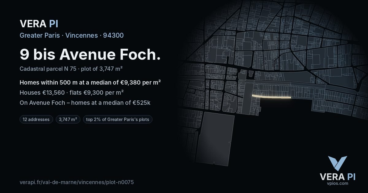 9 bis Avenue Foch, Vincennes at night – the plot lit, the parcels around coloured by the prices near them