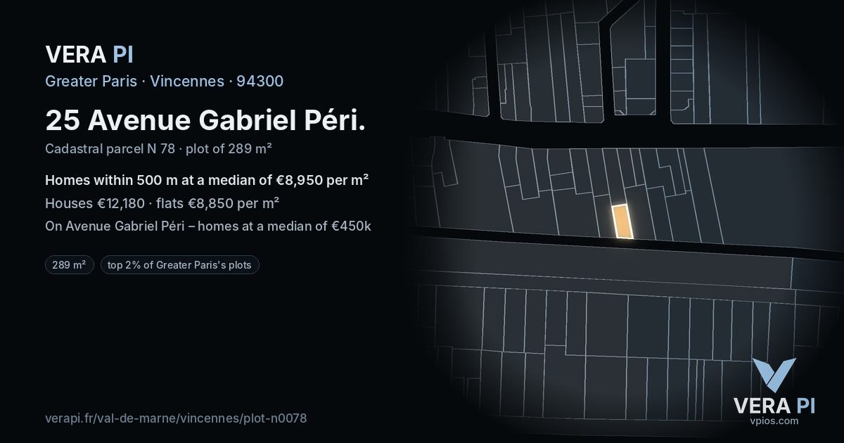 25 Avenue Gabriel Péri, Vincennes at night – the plot lit, the parcels around coloured by the prices near them