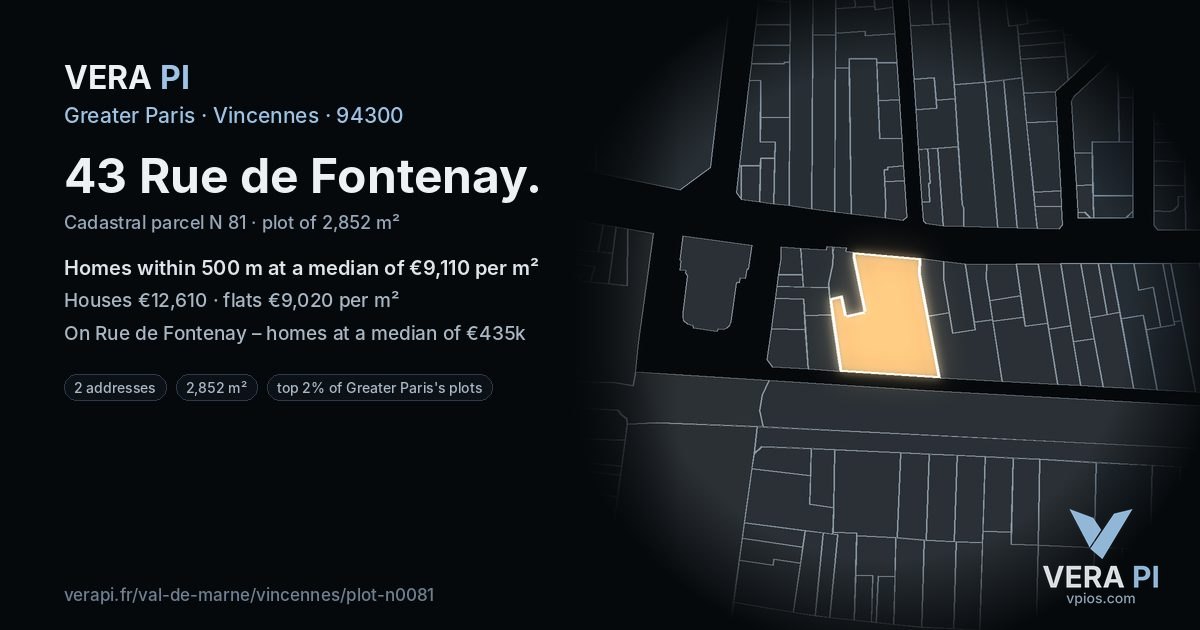 43 Rue de Fontenay, Vincennes at night – the plot lit, the parcels around coloured by the prices near them