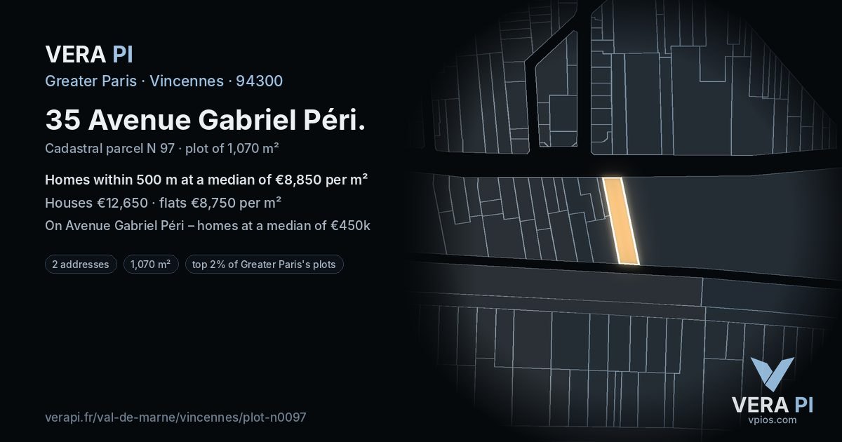 35 Avenue Gabriel Péri, Vincennes at night – the plot lit, the parcels around coloured by the prices near them