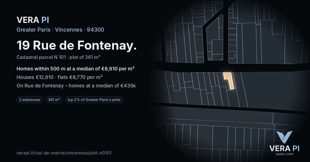 19 Rue de Fontenay, Vincennes at night – the plot lit, the parcels around coloured by the prices near them