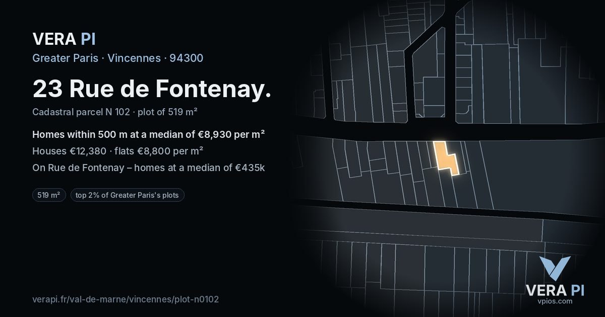 23 Rue de Fontenay, Vincennes at night – the plot lit, the parcels around coloured by the prices near them