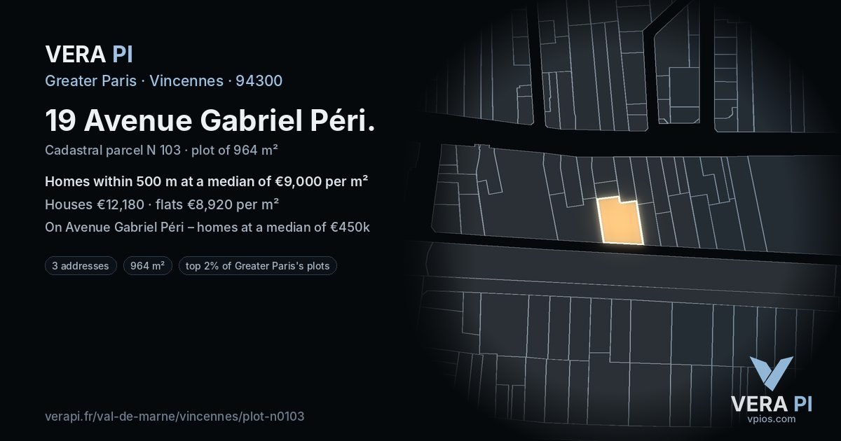19 Avenue Gabriel Péri, Vincennes at night – the plot lit, the parcels around coloured by the prices near them