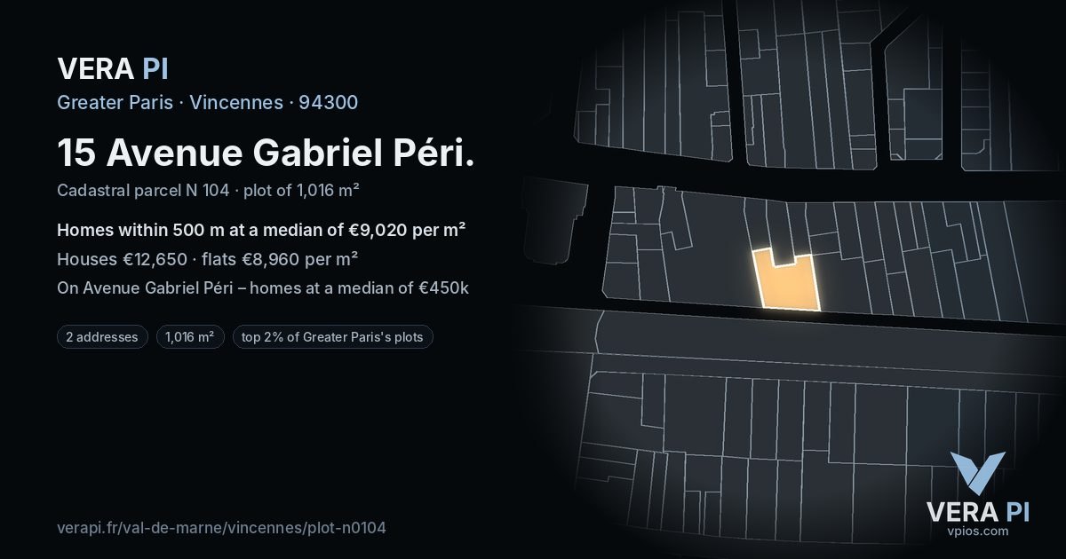 15 Avenue Gabriel Péri, Vincennes at night – the plot lit, the parcels around coloured by the prices near them