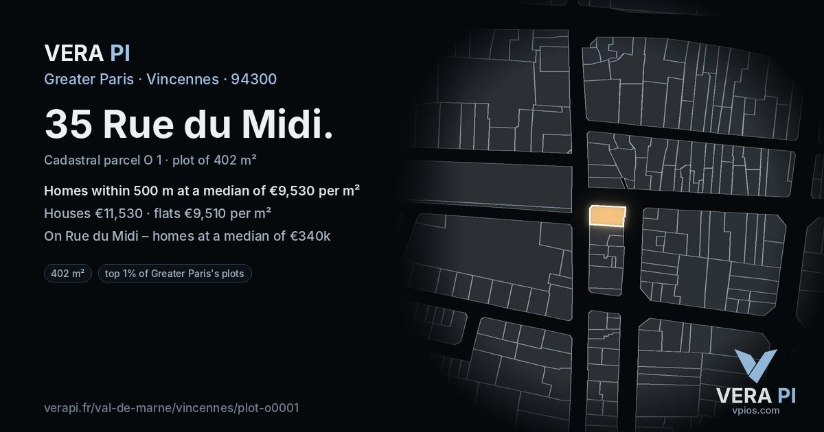 35 Rue du Midi, Vincennes at night – the plot lit, the parcels around coloured by the prices near them