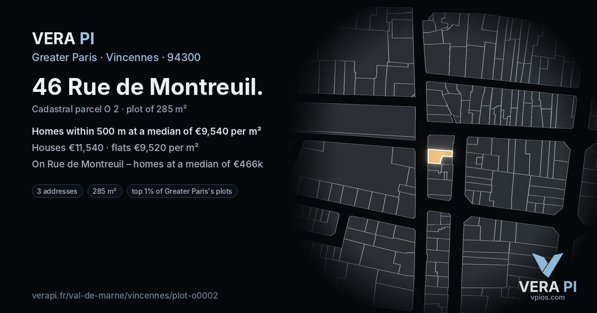 46 Rue de Montreuil, Vincennes at night – the plot lit, the parcels around coloured by the prices near them